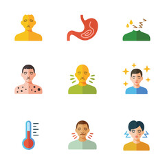 Human health symptoms and body condition icons collection, stomach pain fever allergy skin care flat vector illustration
