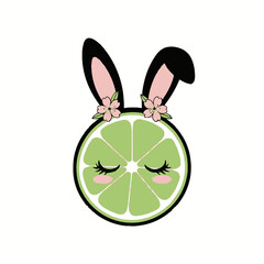 Cute lime slice character with bunny ears and pink cherry blossom flowers, a sweet vector illustration isolated on white background