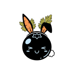 Cute smiling cartoon bunny character vector illustration with carrot ears and fluffy tail isolated on white background