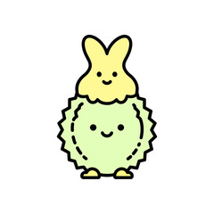Cute vector cartoon of a smiling yellow bunny character with a spiky green round body and pointy ears isolated on white background