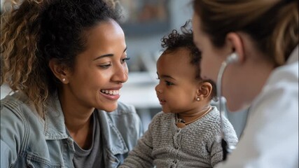 Doctor examining baby girl with black mother during check-up at clinic   - Powered by Adobe