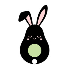 Playful black avocado cartoon character with long pink-lined bunny ears and a light green belly patch vector isolated on white background