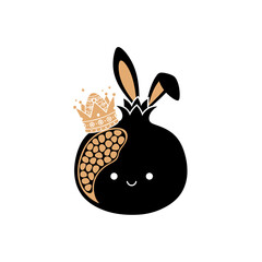 Pomegranate character vector with whimsical bunny ears and a royal golden crown revealing seeds isolated on white background