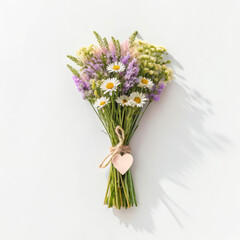 Fototapeta premium Colorful bouquet of wildflowers with heart tag on a bright white background