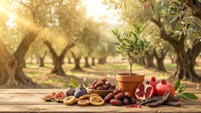 A beautiful array of traditional Mediterranean fruits and natural elements is elegantly arranged on a rustic wooden table, bathed in the warm, golden light of an outdoor setting. The spread includes l