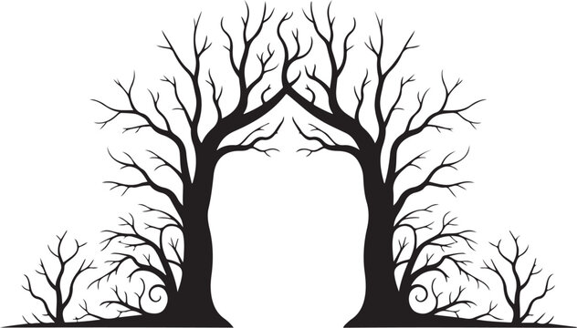 Black silhouette bare trees forming an archway branches