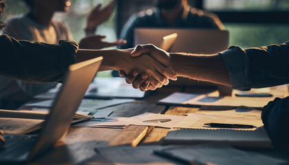 Business Deal Handshake Agreement, Partnership, Teamwork, Collaboration, Successful Negotiation in Modern Office with Laptops and People at Wooden Table.