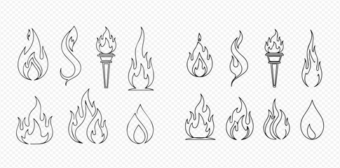 Outline set of various fire flame shapes and burning torches on transparent background.