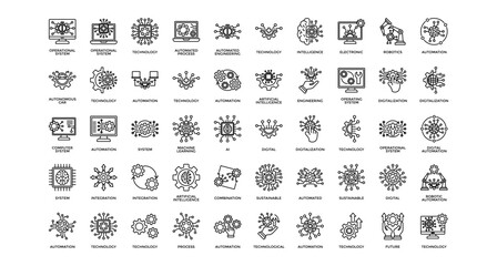 Automation icon set collection. Containing operation, arrows, intelligence, brain, operating, future, software .Line vector icons collection