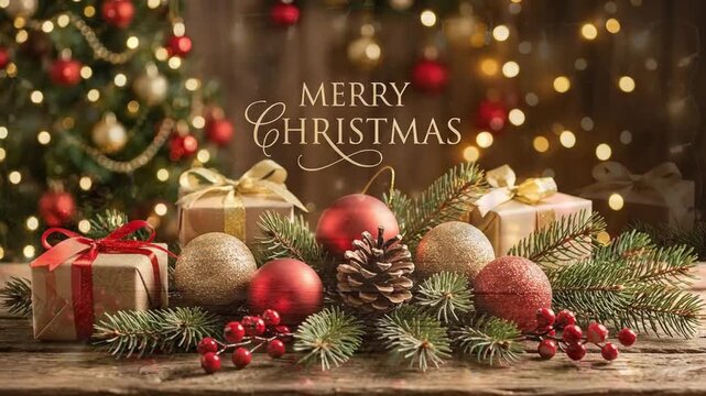 A beautifully composed festive background showcases the warmth and magic of the winter holiday season. Subtle shimmering snow gently falls over a rustic wooden surface, framed by lush evergreen branch
