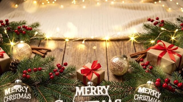 A beautifully composed festive background showcasing the warmth and joy of the holiday season. The frame features traditional evergreen branches adorned with vibrant red berries, rustic gift boxes tie
