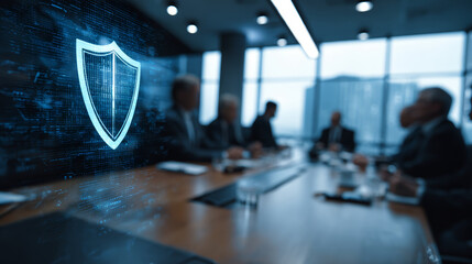 Cybersecurity shield icon glowing on screen in business meeting room with blurred people discussing data protection