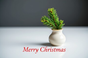 A serene Christmas scene with tiny pine branches emerging from a small ceramic vase on a clean surface, with the text "Merry Christmas" gently inserted beneath.