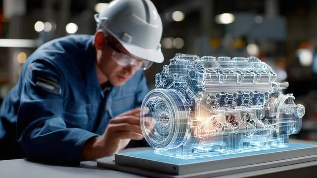Engineering Blueprint: An engineer, engrossed in a detailed examination of a holographic engine schematic, represents the pinnacle of technology.