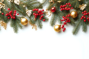 christmas border with fir branches, red and gold ornaments, holly berries, and pine cones on a white background with copy space for text or design