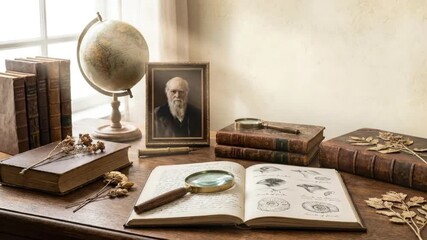 A beautifully composed scene on a vintage wooden desk, bathed in soft window light, evokes a profound sense of historical inquiry and scientific discovery. Antique leather-bound books, an aged globe, 