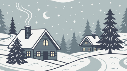 Naklejka premium Serene snowy winter landscape with cozy lit cabins, snow-covered pine trees, winding path and smoky chimneys under a pastel twilight starry sky — peaceful holiday scene for greeting cards, backgrounds