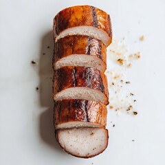 Sliced smoked turkey breast with a glossy caramelized exterior presented vertically on a clean for gourmet food photography on white background