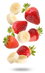 freshly sliced bananas and whole ripe strawberries captured in dynamic motion against a pure transparent background.