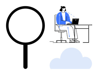Cloud computing concept. Magnifying glass visualizes search and analysis. Cloud computing displayed alongside person working remotely. For technology, data storage, remote tools, IT solutions