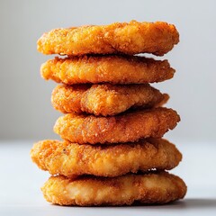 Stack of six perfectly golden brown crispy chicken nuggets piled high against a clean bright for fast food advertising on white background