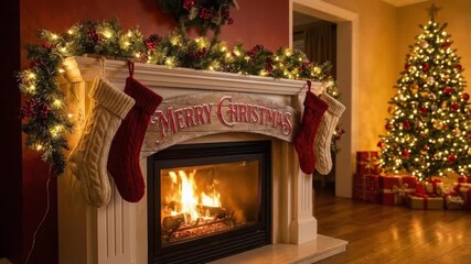 A beautifully decorated fireplace mantel features a "Merry Christmas" sign, a vibrant garland adorned with twinkling string lights, red berries, and natural pinecones. Four cable-knit stockings, two r - Powered by Adobe