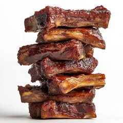 Stack of glistening sticky barbecue pork spare ribs glazed with rich brown sauce on a clean for food advertising on white background