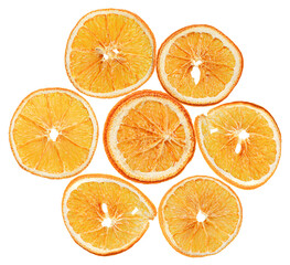 dried orange slices arranged in a captivating circular pattern, showcasing their vibrant color and intricate texture. a stunning photograph.