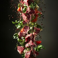 Dynamic vertical cascade of raw beef cubes fresh herbs tomatoes and spices exploding upwards against a dark studio background for cooking concepts on white background