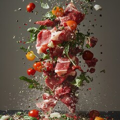 Dynamic high speed photography captures raw beef cuts herbs tomatoes and spices exploding upwards against a dark studio background for cooking concepts on white background