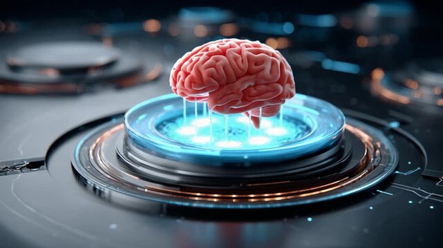 Brain in Tech: An artistic depiction of the human brain levitating above an illuminated tech platform, suggesting intelligence and innovation.