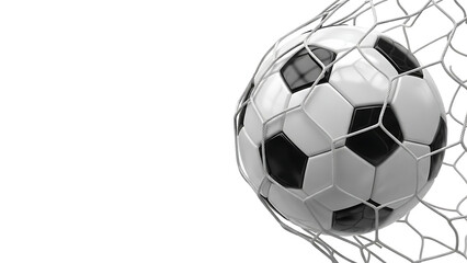 Obraz premium Close up of a classic black and white soccer ball caught in a net isolated on white background