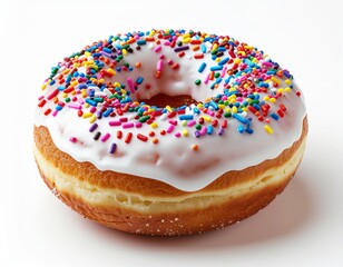 Frosted Donut with Colorful Sprinkles on White Background