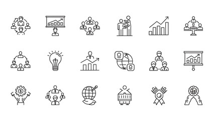 Collection of business and finance icons representing growth strategy and teamwork isolated on white background