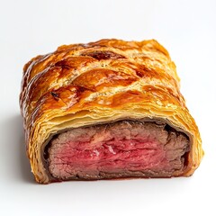 Perfectly cooked beef wellington slice reveals tender medium rare center encased in flaky golden puff pastry against white on white background