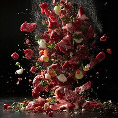 Dynamic high speed photograph captures raw beef chunks exploding upwards with fresh herbs and spices against a dark background on white background