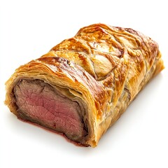 Perfectly cooked beef wellington pastry reveals a tender medium rare center against a clean bright for gourmet food presentation on white background
