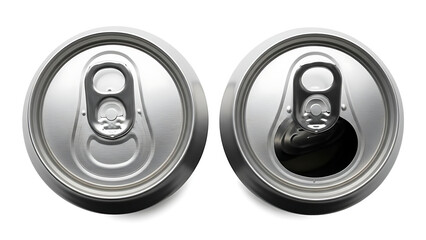 Two aluminum soda cans viewed from above one open and one closed isolated on white background