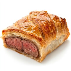 Perfectly cooked beef wellington slice showcasing tender medium rare center encased in flaky golden brown puff pastry against white on white background