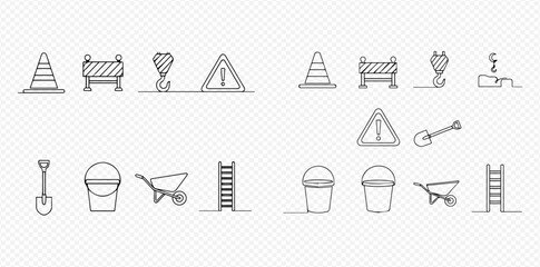 Continuous line drawing of construction tools and safety equipment for building sites.