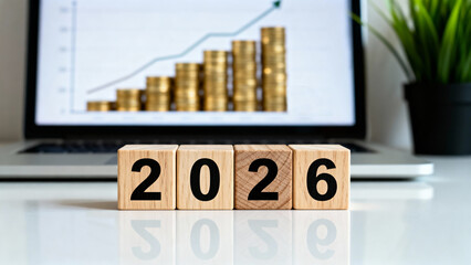 Wooden blocks displaying 2026 on a desk with a blurred financial growth chart on a laptop screen background