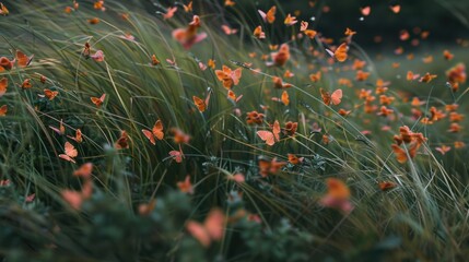 Field of Orange Butterflies Flying Over Green Grass in Natural Setting