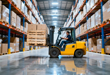 Focused male worker operating a yellow forklift in a large, modern warehouse, moving wooden pallets stacked with cardboard boxes between high shelving aisles