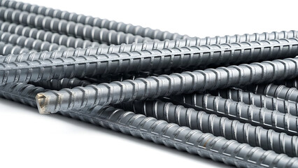 Fototapeta premium Close up of a pile of steel rebar construction material isolated on white background