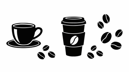 Coffee cup, disposable cup, and coffee beans illustration.