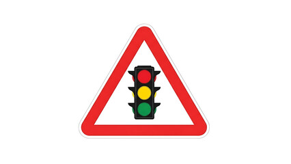 Red triangular warning sign indicating traffic lights ahead isolated on white background
