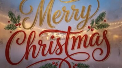 A beautifully rendered "Merry Christmas" message in elegant golden and red script adorns a frosty windowpane, exuding warmth and holiday cheer. Delicate pine sprigs with vibrant red berries frame the 