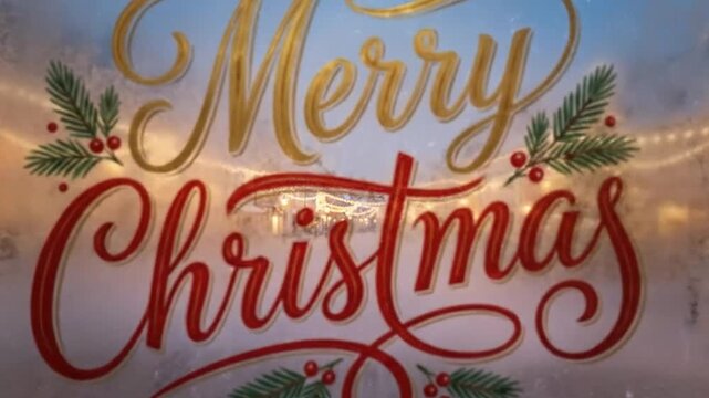 A beautifully rendered "Merry Christmas" message in elegant golden and red script adorns a frosty windowpane, exuding warmth and holiday cheer. Delicate pine sprigs with vibrant red berries frame the 