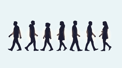 Silhouettes of diverse people walking in a line, showcasing movement and human presence.