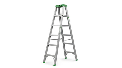 A silver multi purpose folding ladder with green accents isolated on white background